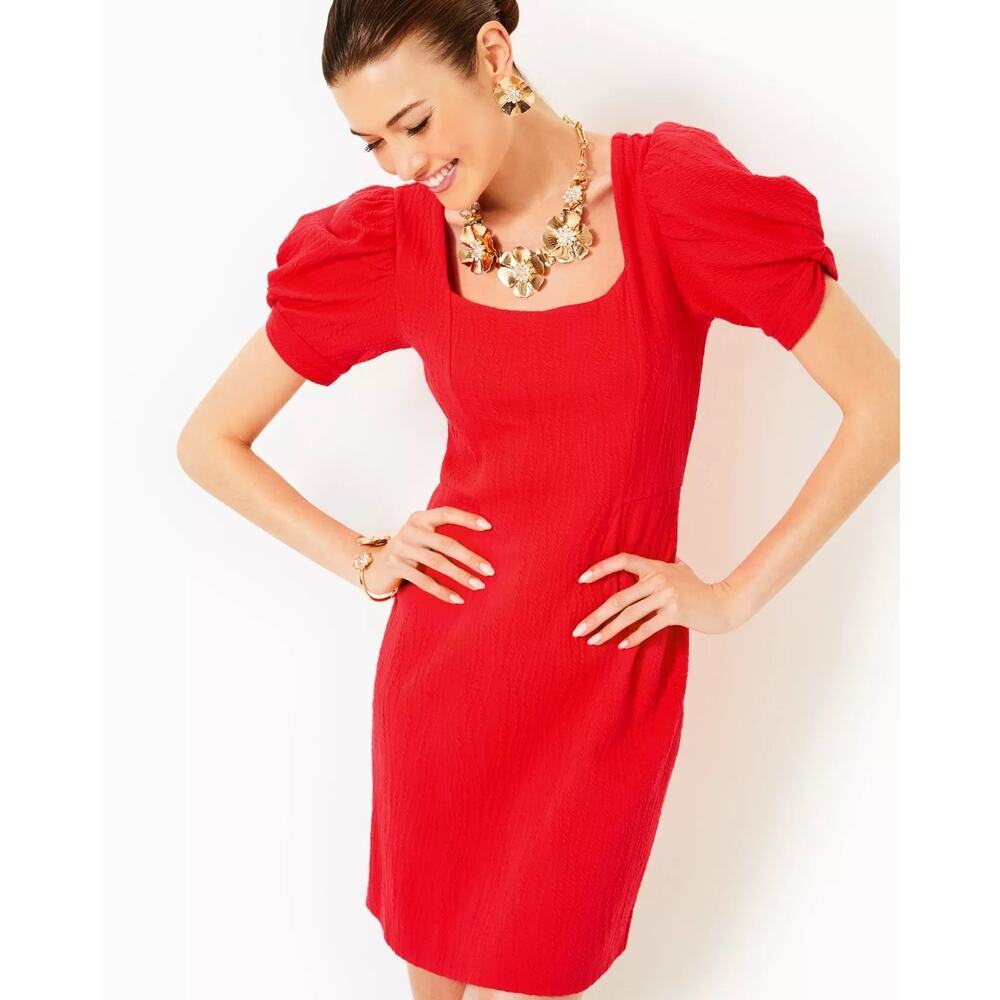 Lilly Pulitzer Elisha Shift Dress Red Puff Sleeve M Wavy Knit Jacquard